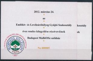 2012 Emlékív- és Levélzáróbélyeg gyűjtő szakosztály 2 klf emlékív, ritka