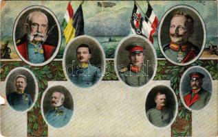 Első világháborús tábori postai levelezőlap a Központi Hatalmak uralkodóival / WWI Austro-Hungarian K.u.K. military field postcard, Viribus Unitis and Central Powers propaganda (b)