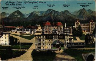 Újtátrafüred, Neu-Schmecks, Novy Smokovec (Magas-Tátra, Vysoké Tatry); látkép hegycsúcsokkal, fogaskerekű vasút. A képeslap címzettje Dr. Thirring Gusztávné Waisbecker Irén írónő (1868-1957), Thirring Gusztáv földrajztudós felesége / view with mountains, funicular railway (EK)