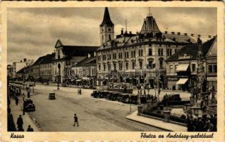1940 Kassa, Kosice; Fő utca, Andrássy palota, automobilok, villamos, drogéria / main street, tram, automobiles, drugstore (EB)