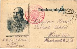 1917 Első világháborús tábori postai levelezőlap I. Ferenc József arcképével / WWI K.u.k. Austro-Hungarian military field postcard with Franz Joseph of Austria. Feldpostkarte (EK)