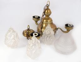 Antik háromégős lángbúrás csillár, kis pattogzással, d: cca 45 cm