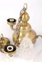 Antik háromégős lángbúrás csillár, kis pattogzással, d: cca 45 cm