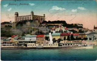 1914 Pozsony, Pressburg, Bratislava; látkép, vár, "SCHÖNBRUNN" oldalkerekes gőzhajó / castle, passenger steamship (r)