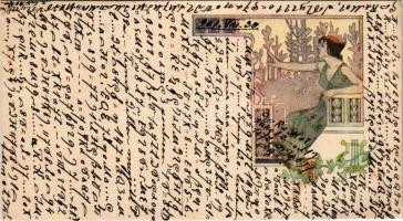 1901 Szecessziós hölgy művészlap titkosírással / Art Nouveau lady art postcard with cryptography (EK...