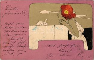 1901 Szecessziós hölgy művészlap / "Girls with Purple Surrounds" Art Nouveau lady art post...