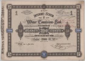 Ausztria / Bécs 1871. "Wiener Commisions-Bank" részvény 200G-ről, szelvényekkel, felülbély...