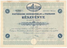 1932. Esztergom "Esztergomi Kereskedelmi és Iparbank" részvénye 25P-ről, szárazpecséttel és szelvényekkel T:F Hungary / Esztergom 1932. "Commerocial and Industrial Bank of Esztergom" share about 25 Pengő, with embossed stamp and coupons C:F