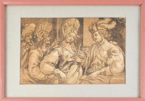 XV-XVI. század: Jelzés nélkül Furulyás nő a király előtt. Fametszet, 34x22 cm Üvegezett keretben. Proveniencia: Zichy gyűjtemény