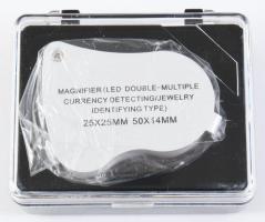 Led világítással fém lupé, többféle nagyítással, újszerű, eredeti dobozában