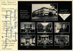 1941 Kassa, Kosice; Grand Hotel Schalkház / Schalkház szálloda reklámlapja, étterem és kávéház, büfé, koncertterem, bor terem, belsők / hotel advertisement card, restaurant, café, buffet, wine room, interiors (EK)