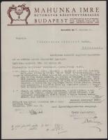 1937 Bp., Mahunka Imre Bútorgyár Részvénytársaság fejléces levélpapírjára írt levél