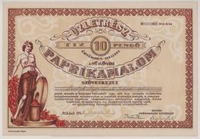 1942. Sükösd "Sükösdi Paprikamalom Szövetkezet" névre szóló üzletrésze 10P értékben "467", szelvényekkel T:XF