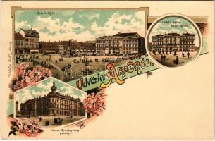 1898 Arad, Szabadság tér, piac, Színház épület délről nézve, Jószágkormányzóság palotája / square, m...