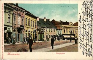 1901 Karánsebes, Caransebes; Hauptplatz / Fő tér, Steinschneider és Társa, Georg Metzger üzlete / ma...