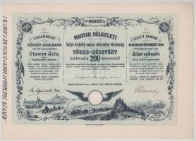 1896. Budapest "Magyar Délkeleti helyi érdekű vasút részvény-társaság" törzs részvénye 200K-ról "00349", szárazpecséttel T:XF