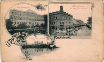Miskolc, főgimnázium, Városház tér, Megyeház utca, piac, Diósgyőri várrom. Verő J. és társa kiadása....