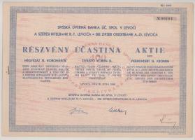Szlovákia / Lőcse 1940. "Szepesi Hitelbank R.-T., Levoca" részvény 400K-ról, magyar-szlovák-német nyelven "00104", szárazpecséttel, szelvényekkel összetűzve T:AU,XF pici szakadás Slovakia / Levoca 1940. "Szepesi Hitelbank R.-T., Levoca" share about 400 Korun, in Hungarian, Slovak and German "00104", with embossed stamp and with coupons stapled C:AU,XF tiny tear