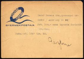 1947 Bp., Nemzeti Segély gyermekpostája - Románia a magyar gyermekekért levelezőlap