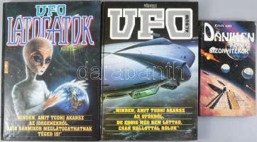 3 db UFO könyv: UFO album. Bp., 1993, Új Vénusz. Kiadói kartonált papírkötés. + UFO látogatók. Bp., 1994, Android. Kiadói kartonált papírkötés. + Erich von Däniken: Bizonyítékok. Ford.: Trethon Judit. [Debrecen], 1993, Lap-ics. Kiadói papírkötés. Változó állapotban.