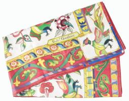 Jelzett virágos-madaras mintás kendő, 90x90 cm