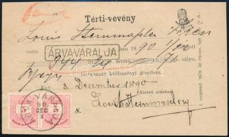 1890 Tértivevény 5kr párral, luxus kiállítási darab! / Retour receipt with 5kr pair "ÁRVA-VÁRAL...