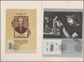 Dudás László bélyegtervező két emléklapja + 2 általa tervezett levelezőlap rajzokkal, aláírásokkal /...