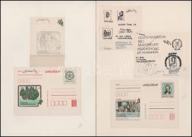 Dudás László bélyegtervező két emléklapja + 2 általa tervezett levelezőlap rajzokkal, aláírásokkal /...
