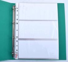 Használt, de jó állapotú négygyűrűs bankjegyberakó album, összesen 50db berakólappal (35db hármas osztású, 14db kettes osztású és 10db osztás nélküli)