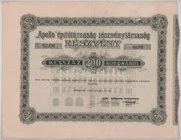 1903. Budapest "'Apollo' Építőtársaság Részvénytársaság" részvénye 200K-ról, &qu...