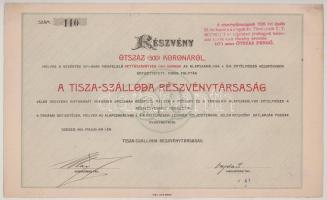 1901. Szeged "Tisza Szálloda Részvénytársaság" részvénye 500K-ról, "110", bélyeg...