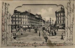 1902 Budapest VI. Oktogon téri részlet, villamos, Kömlődi Jakab, Ernyei Lajos, Sokulski üzlete, lova...