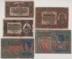1912. 100K felülbélyegzés nélkül + 1913. 20K felülbélyegzés nélkül + 1920. 10K + 1920. 20K + 1920. 100K T:VG,G