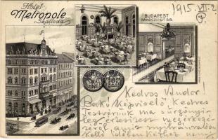 1915 Budapest VII. Hotel Metropole szálloda, kávéház és étterem, villamos. Pápai Ernő kiadása. Art Nouveau, litho (apró lyuk / tiny pinhole)
