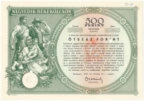 1953. Budapest "Negyedik Békekölcsön - a Magyar Népköztársaság nyereménykölcsöne" 500Ft értékben, sorszám nélkül, szárazpecséttel, lyukasztásokkal érvénytelenítve T:AU jobb felső sarokban kézírásos tintával írt kódszám