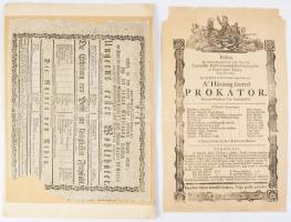 cca 1795 Német és magyar nyelvű színdarabot hirdető nyomtatvány (A házasságszerző prókátor, Ungarns erster Wohltäter), egyik papírra ragasztva