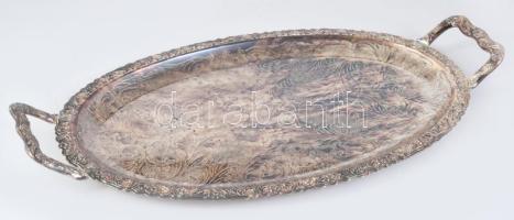 Ezüstözött kétfüles szervírozótálca, gazdag díszítéssel, 47x26 cm