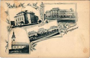 Nyíregyháza, Színház, Korona szálloda, Vármegyeháza, Evangélikus templom. Fénynyomat Divald Art Nouv...