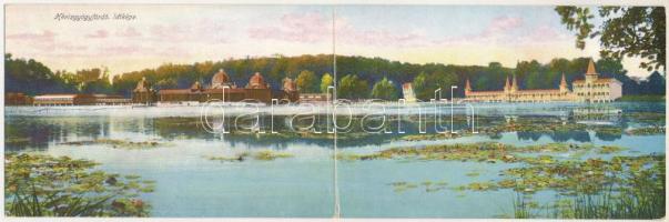 Hévíz, gyógyfürdő látképe. Feketéné Sándor Mária kiadása, 2-részes kihajtható panorámalap (gyűrődés ...