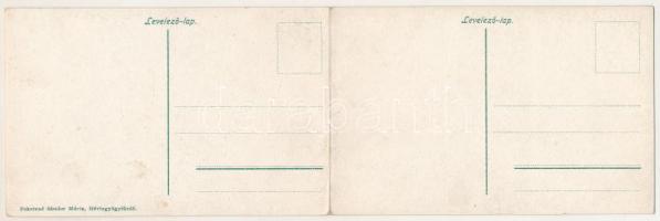 Hévíz, gyógyfürdő látképe. Feketéné Sándor Mária kiadása, 2-részes kihajtható panorámalap (gyűrődés ...