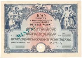 1952. Budapest "Harmadik Békekölcsön - a Magyar Népköztársaság nyereménykölcsöne - első osztály" 100Ft-ról, szárazpecséttel, sorszám nélkül, "MINTA" felülbélyegzéssel, lyukasztással érvénytelenítve, hátoldalon "OTP Bank Pénzügytört. Szgyüjt. Lelt. sz.:" bélyegzéssel T:AU,XF sarokhajlások, jobb felső sarokban pici beszakadás