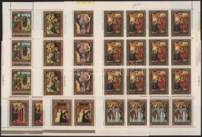 1974 Festmények hajtott teljes ívsor (40f tollal írt évszám az ívszélen, elvált fogak, 1Ft sérült ívsarok / ink on the margin, aparted perfs., 1Ft damaged margin)