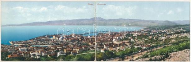 1909 Fiume, Rijeka; panorama. Purger &amp; Co. / látkép, 2-részes kihajtható panorámalap / view, 2-tiled folding panoramacard (hajtásnál szakadt / torn at fold)