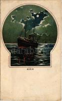 Adria, gőzhajó este holdfényben / steamship at night in moonlight. Bruchsteiner és fia litho (fl)