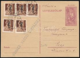 1946 (7. díjszabás) Levelezőlap 5 db Tlp.1./4f bélyeggel Mohácsról Pécsre