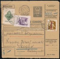 1946 (6. díjszabás) Csomagszállító visszavont csomagbélyeggel és 2 db okirati illetékbélyeggel "PÉCEL"