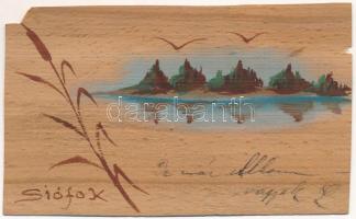 1900 Siófok, kézzel festett művészlap fakéregből (b)