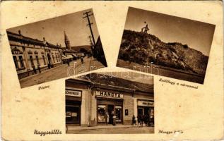 Nagyszőlős, Nagyszőllős, Vynohradiv (Vinohragyiv), Sevljus, Sevlus; Fő utca, Szőlőhegy a várrommal, Katz József, Hangya üzlete és saját kiadása / main street, castle ruins with vineyard, cooperative shop (gyűrődések / creases)