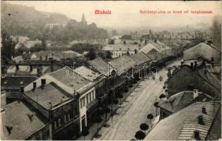 1910 Miskolc, Széchenyi utca az Avasi református templommal, üzletek. Grünwald Ignác kiadása (EK)
