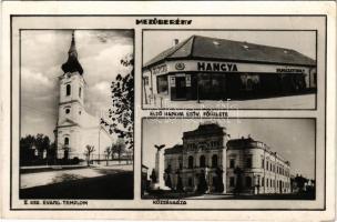 1944 Mezőberény, Evangélikus templom, Községháza, hősi emlékmű, Első Hangya szövetkezet főüzlete és ...
